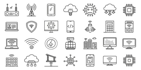 Monochrome Line Icon Set of Technology and Internet Communication

