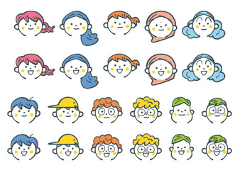 笑顔のユニークな小学生たち　顔　ストックイラスト素材

