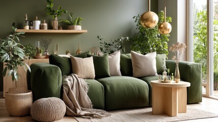 Elegant green sofa complements the fresh green wall, adorned with soft pillows and a cozy rug, creating a serene living space