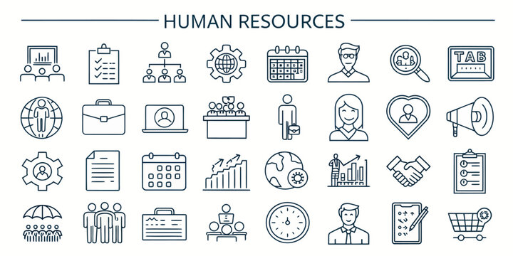 Monochrome Human Resources Line Icon Set for HR in Vector Format

