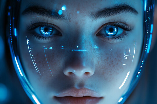 Futuristic Female Cyborg Face Close Up with Digital Blue HUD Interface Science Fiction Concept Generative AI