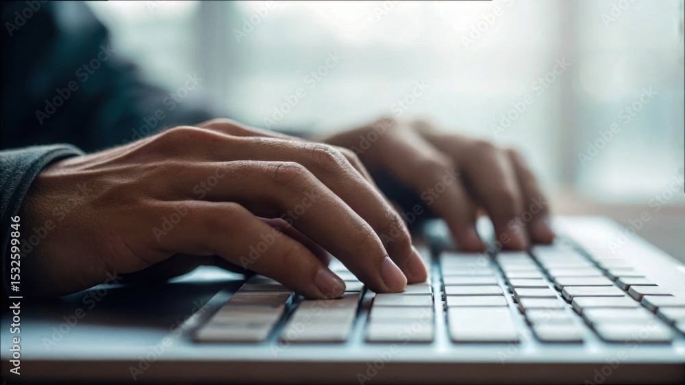 Poster Focused Hands Typing on a Keyboard in a Bright Workspace