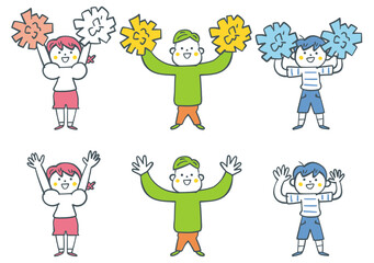 万歳する小学生とポンポンを振って応援する小学生　セットのストックイラスト素材
