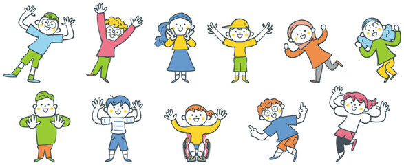 万歳する小学生たち　セットのストックイラスト素材
