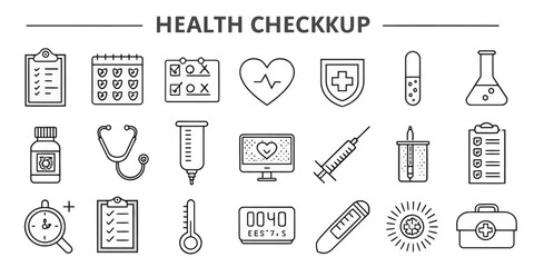 Monochrome Line Icon Set of Health Checkups in Vector Format

