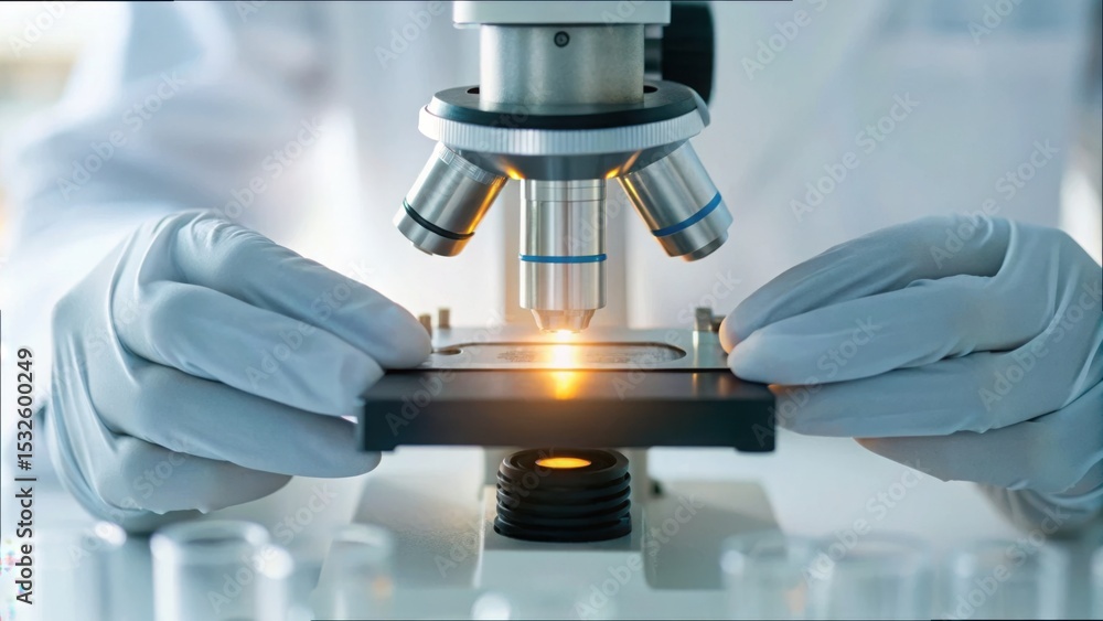 Poster Close Up of Hands Using Microscope in Laboratory Setting