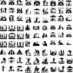 Camper with Tent Icon Silhouette Set – Outdoor Travel Vector Pack Minimal Camping Silhouettes – Man, Tent & Nature Icons

