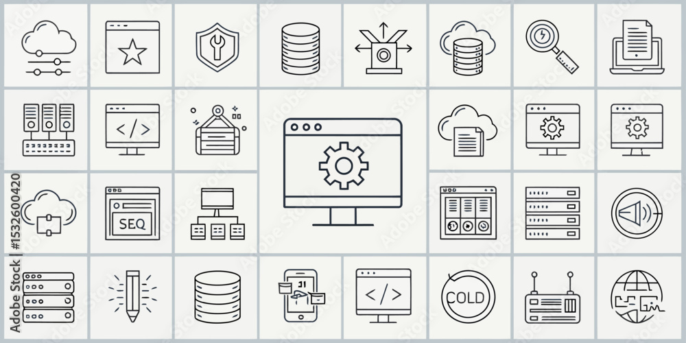 Wall mural monochrome line icon set of web development and internet technologies