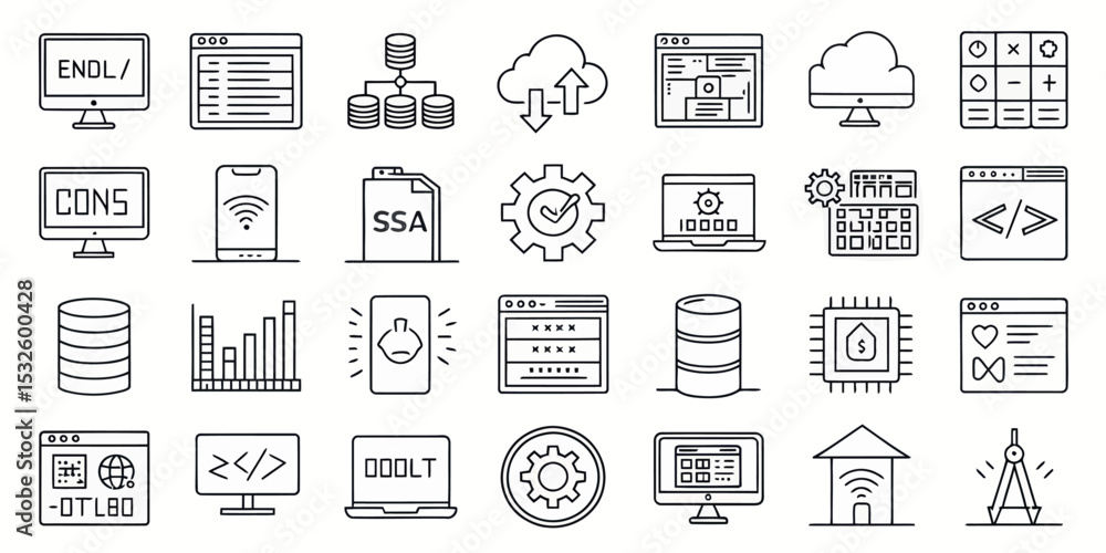 Wall mural monochrome line icon set of web development and internet technologies