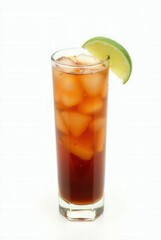 Fototapeta premium Refreshing Iced Beverage: A close-up view of a tall glass filled with a dark, cold beverage over ice cubes. a lime wedge perches gracefully, lending a touch of zest and aesthetic appeal.