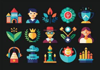 Vibrant Flat Icon Set Achievement, Nature, People, and More