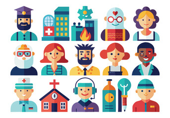 Diverse Professions and Occupations Flat Icon Set of People in Various Careers