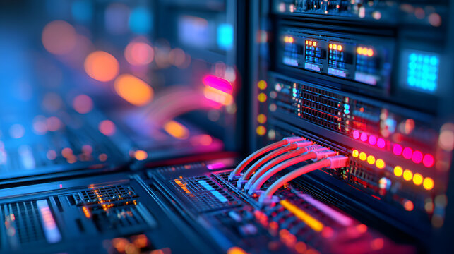 Server rack with glowing it logo, data cables, and blue lighting on a dark background. 40101056 1