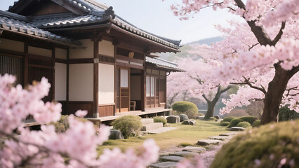 Japanese House Spring Cherry Blossoms Garden traditional architecture