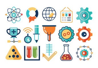 Colorful Science and Technology Icons Flat Design Vector Illustrations