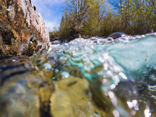 A unique water-level shot of a clean mountain river in Norway, showing the underwater world with rocks and bubbles against the background of a spring forest.