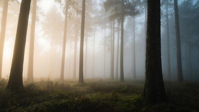 Misty Sunrise in a Pine Forest Golden Light Tall Trees Fog