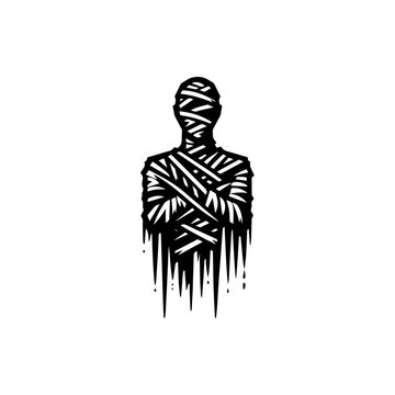 Silhouette of a mummified figure, wrapped in bandages, with flowing lines.
