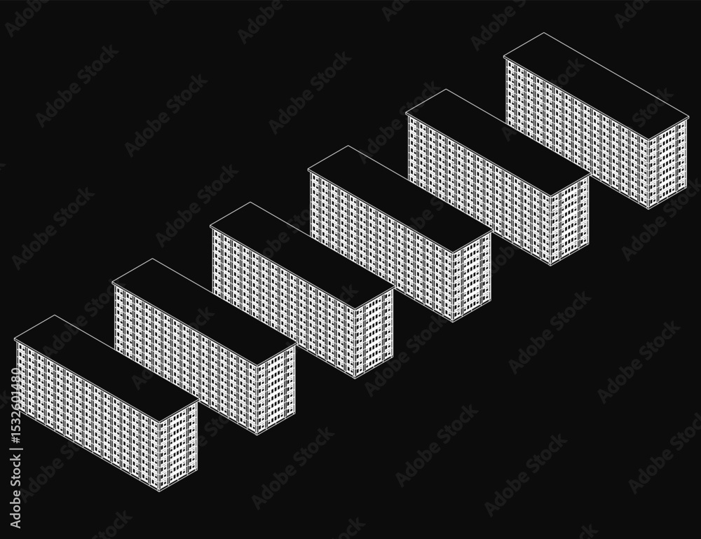 Poster a row of buildings with a black background. the buildings are all the same height and are lined up n