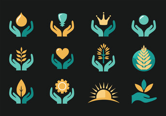 Collection of Minimalist Hand Holding Icons Nature, Sustainability, and Growth Symbols