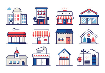 Collection of Colorful Line Art Building Icons Perfect for Web Design and Branding