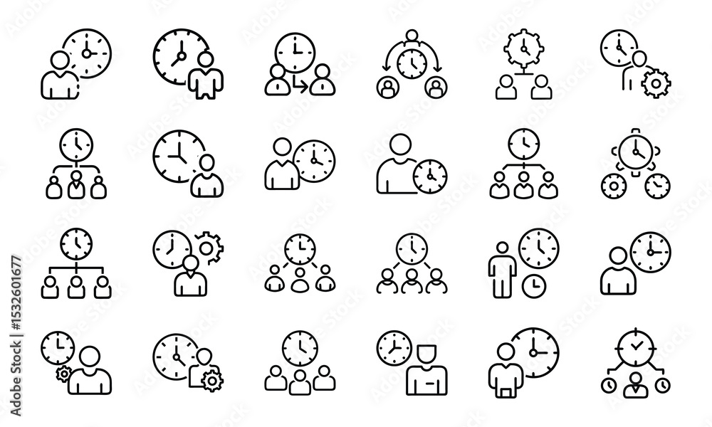 Poster time management and team collaboration icons collection depicting concepts of efficiency