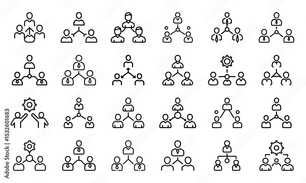 Poster collection of outline icons representing organizational structures and business relationship network