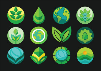 Eco-Friendly Green Leaf and Planet Earth Logos A Collection of 12 Unique Vector Icons for Sustainability