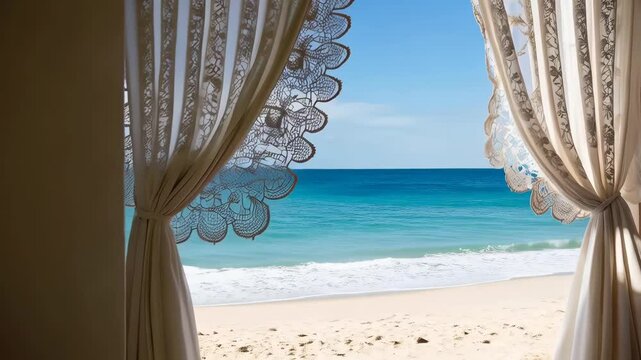 Tranquil ocean view from a window framed by lace curtains with azure water and a sandy beach.