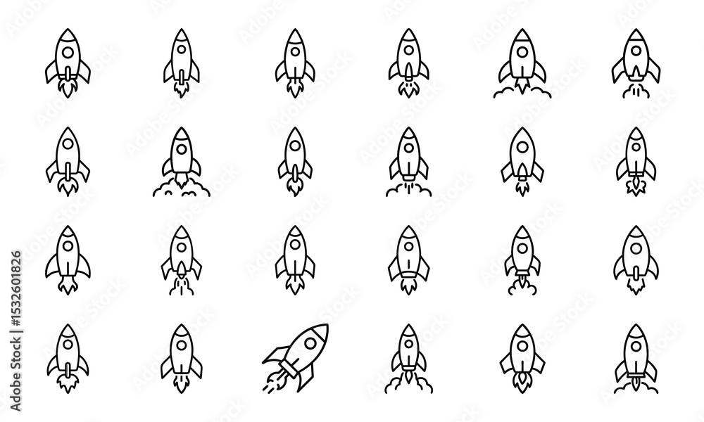 Poster vector collection of rocketship illustrations displaying various stages of flight from launch to spa