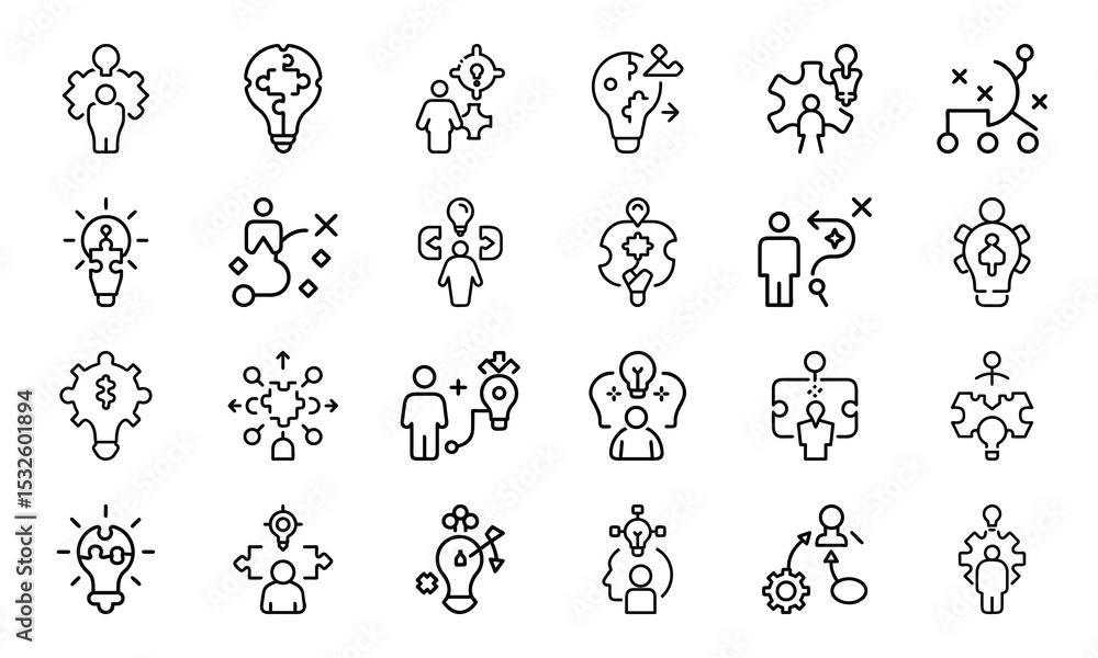 Poster vector graphic collection of creative problem solving and innovation icons in black and white