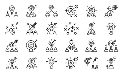 Strategic business icons collection representing goals target planning and teamwork
