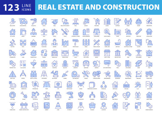 Collection of 120 Outline Style Blue Colored Vector Icons for Real Estate and Construction