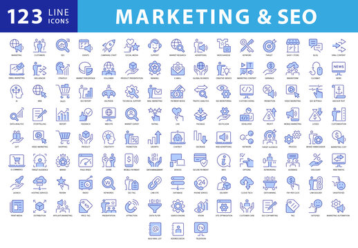 Collection of 120 Outline Style Blue Colored Vector Icons for Marketing and SEO