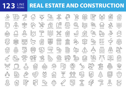 Collection of 120 Outline Style Black and White Vector Icons for Real Estate and Construction