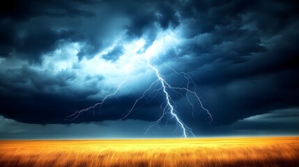 Dramatic lightning storm over a golden field.
