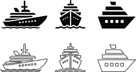 Fototapeta premium Cruise Ship and Yacht Icons Set - Marine and Luxury Travel and outline vector illustration