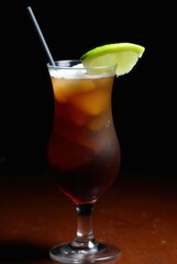 Refreshing Cocktail with Lime: A tantalizing cocktail, expertly mixed and presented in a elegant glass, is adorned with a fresh lime slice, poised on a wooden surface.