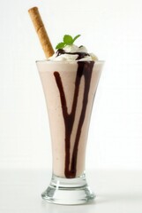 Delectable Delight: A tantalizing view of a chocolate milkshake, generously adorned with whipped cream, mint garnish, and a crispy straw, beckoning refreshment and pure indulgence.