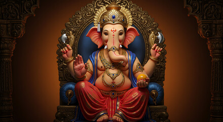 Fototapeta premium Ornate illustration of the Hindu deity Ganesha, seated on a golden background, adorned with decorative elements and diyas.