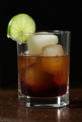 A refreshing cocktail with ice cubes and a lime wedge: A close-up captures the vibrant essence of a meticulously crafted cocktail, featuring crystal-clear ice cubes and a zesty lime wedge.