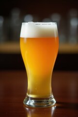 Pale Ale in Tulip Glass: A refreshing pale ale, showcasing its golden hue and fluffy head in a classic tulip glass, sits on a dark wood bar top.
