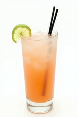 Refreshing Summer Cocktail: A vibrant summer cocktail, featuring a refreshing mix of tropical flavors. It has citrus fruit garnish, ice and a couple straws.