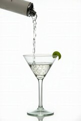 Pouring Perfection: Capture the elegant flow of clear liquid cascading into a pristine martini glass, a wedge of lime adding a final flourish, ready for a perfect sip.