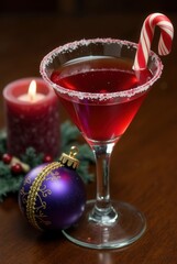 Festive Cocktail: A beautifully crafted cocktail, garnished with a candy cane, alongside a lit candle and a Christmas ornament, inviting warmth and holiday cheer.