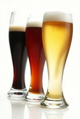 Beer Flight: A trio of beer styles in tall glasses, showcasing a dark beer, a red beer, and a light beer, presents a delightful visual for beer lovers and craft brew enthusiasts.