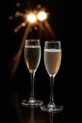 Sparkling Toast: Two elegant champagne glasses, filled with effervescent bubbly, are set against a dark backdrop. The sparkler lights add a festive touch to this celebratory still life.