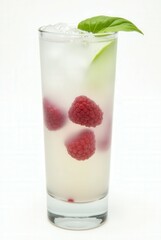 Refreshing Raspberry and Basil Delight: A beautifully composed photo of a vibrant cocktail, with fresh raspberries, a green apple slice and a basil leaf, all harmoniously arranged.