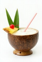 Tropical Delight: A refreshing cocktail, served in a natural coconut shell, garnishing with pineapple, cherry and a straw, a tropical drink that evokes the spirit of vacation
