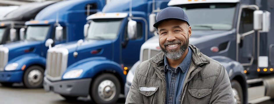 Happy African American truck driver stands with arms crossed in front of blue trucks, smiling confidently in a parking lot